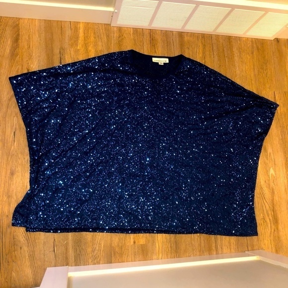 CAROLINE Rose Metallic Blue Sequin Sequinned Draped Flowy Tunic Top OS Plus Size - Picture 2 of 8